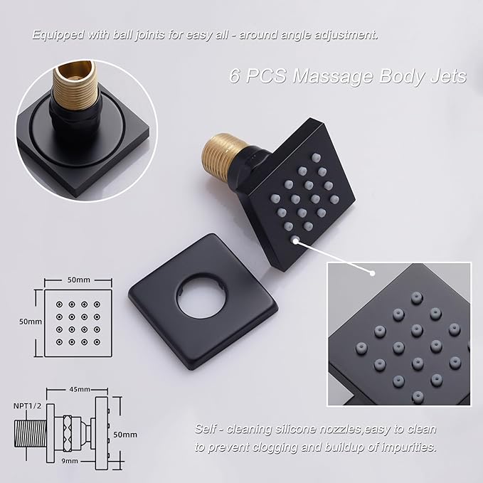 Thermostatic Shower System Matte Black Shower Fixtures 12 Inch Wall Mounted Full Body Shower System with Tub Spout, 4 Way Shower Faucet with 6 PCS Body Jets, Handheld Shower