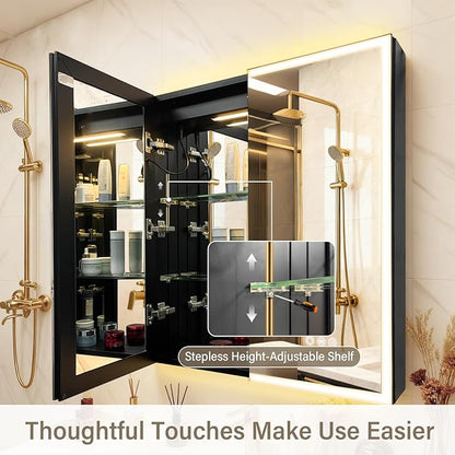 Aluminum Medicine Cabinet with Light,Stepless Glass Shelf,3 Colors Temperature,Dimmer,Backlit Lighting,Internal Light,USB Shaver Socket,Defogger,61cm×76cm