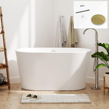 FerdY Shangri-La 47" Acrylic Freestanding Bathtub with Headrest, Small Classic Oval Shape Acrylic Soaking Bathtub with Polished Gold Drain & Overflow& Bath Pillow, cUPC Certified