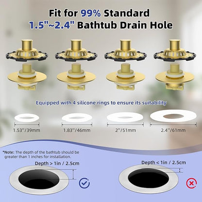 Universal Bathtub Drain Stopper Shower Drain Hair Catcher, Tub Stopper with Visible Top Strainer, Upgraded 3 in 1 Pop-up Drain Plug Fit for 1.5 to 2.4" Hole, Stainless Filter Basket, Brushed Gold