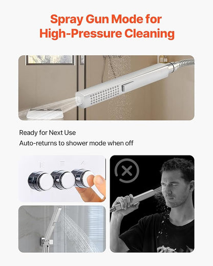 VEVOR Shower Faucet Set, 12 Inch Thermostatic Ceiling Mount Rainfall Shower System with 6 Inch Wall Mount Head and 2 in 1 Handheld Spray, 3-Function Dual Rain Head Brass Valve and Trim Kit, Chrome