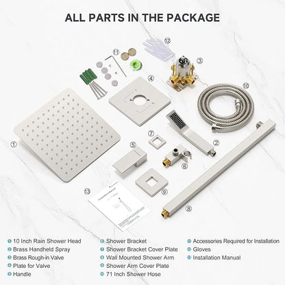 SR SUN RISE Shower Faucet Set & System - 10 Inch Rainfall Shower Head & Handle Set Wall Mounted Brushed Nickel Solid Brass Valve Trim Kit Included