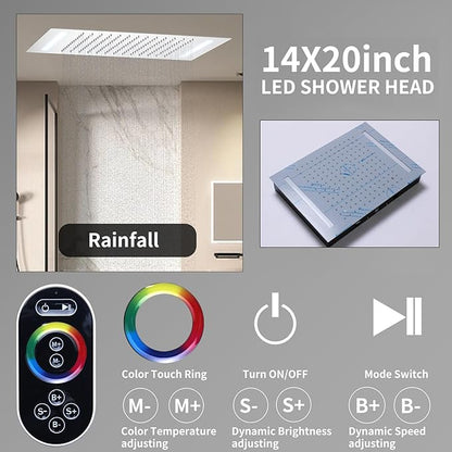 Shower System Chrome Shower Faucet Set with 14X20 inch Ceiling Mount Shower Head and 8 inch Wall Mount Shower Head, Handheld Shower, with Temperature Display Function