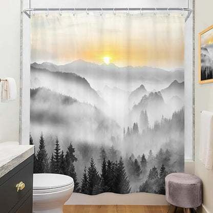 Riyidecor Misty Mountain Shower Curtain 60Wx72H Inch Sunrise Foggy Woodland Greenery Smokey Black Spring Scenery Tree Nature Pine Scenic Bathroom Decor Fabric Polyester Waterproof 12 Pack Hooks