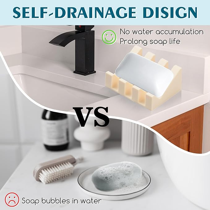 Silicone Soap Dish with Drain, Upgrade Double Suction Cups at The Bottom for Anti-Slip and Stability, Soap Dish Shower Waterfall Bar Soap Holder Tray with Drain Soap Holder (2, CreamWhite)