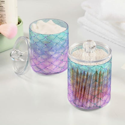MNSRUU 4 Pack Qtip Holder Organizer Dispenser Pink Blue Mermaid Scales Bathroom Containers Bathroom Vanity Storage Canister Apothecary Jars for Cotton Swabs/Pads/Floss
