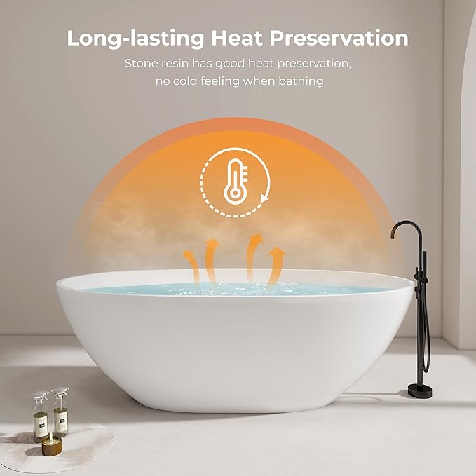 71" Premium Solid Surface Freestanding Bathtubs, Oval Stone Resin Tub with Overflow and Pop-up Drain, Matte White