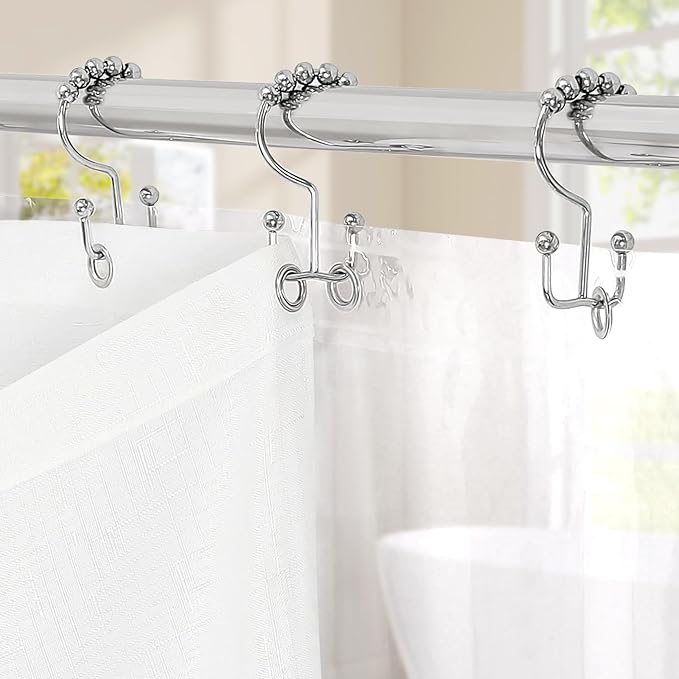 MitoVilla 3 in 1 Shower Curtain Set, White Boho Farmhouse Linen Textured Bath Curtain and Clear PEVA Liner Set with 12 Double Sided Steel Hooks, Waterproof Fabric Hotel Bathroom Curtain - 72x72