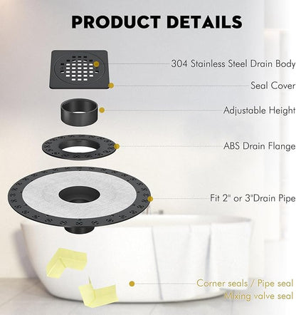 4” Drain Grate Kit - Compatible with Schluter Systems Kerdi Shower Drain - Shower Floor Drain Kit with Flange - SUS 304 Stainless Steel Grate & 2 Inch ABS Flange & CUPC Certification - Matte Black