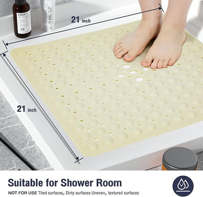 Beige Square Shower Bathtub Mat Non Slip 21x21 Inch, Soft Bath Mat for Inside Shower Tub, Shower Stall Mats for Bathroom Floor, Big Suction Cups Drain Holes, Easy Washable and Dry, BPA-Free