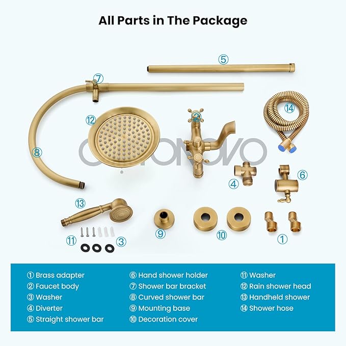 gotonovo Bathroom Classic Exposed Shower Faucet Wall Mount Shower System 8 Inch Luxurious Rainfall Shower Head Set with Tub Spout and Handheld Spray Double Cross Handles Antique Brass