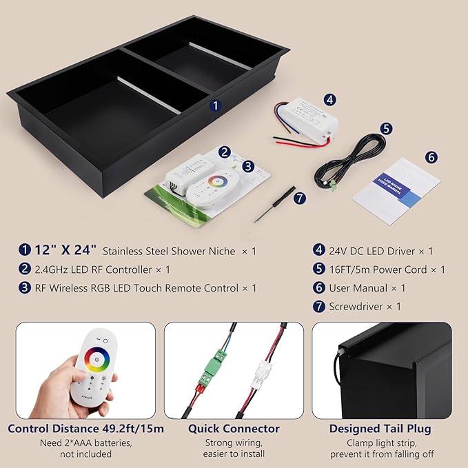 12" X 24" RGB LED Shower Niche No Tile Needed, 304 Stainless Steel Shower Niche Insert Tile Ready, Recessed Wall Shelf for Bathroom Storage Organizer with Remote Control, Matte Black
