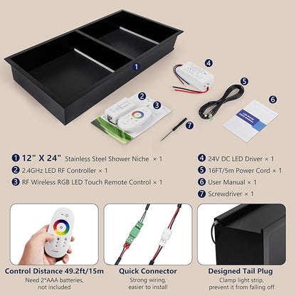 12" X 24" RGB LED Shower Niche No Tile Needed, 304 Stainless Steel Shower Niche Insert Tile Ready, Recessed Wall Shelf for Bathroom Storage Organizer with Remote Control, Matte Black