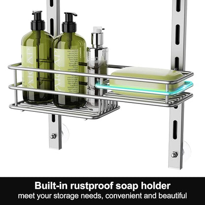 Orimade Over the Door Shower Caddy Adjustable 5 Tier Silver Grey,Bathroom Hanging Organizer Shelf Rustproof with 4 Hooks,Shower Basket with Soap Holder and Suction Cup