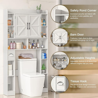 Farmhouse Storage Cabinet Over Toilet with Barn Doors，Over The Toilet Storage Cabinet, Home Space-Saving Toilet Rack, for Bathroom, Restroom, Laundry.