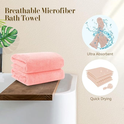 Orighty Microfiber Bath Towels Pack of 4(27'' x 54'') - Soft Feel, Highly Absorbent, Quick Drying for Body, Sport, Yoga, SPA, Fitness - Pink