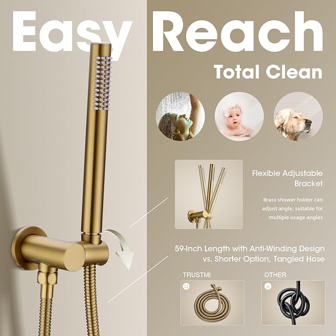 TRUSTMI Push Button Shower System, Brushed Brass Gold 10 Inch Rainfall Shower Set, Pressure Balanced Rough-In Valve and Trim Kit, Wall Mount
