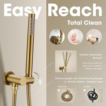 TRUSTMI 12 Inch Shower System with Pressure Balanced Valve Luxury Ceiling Mounted Rainfall and Handheld Shower Head Set Push Button Diverter, Brushed Brass Gold (Rough-In Valve and Trim Kit Include)
