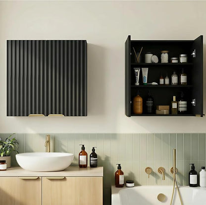 ChooChoo Bathroom Wall Cabinet, Kitchen Storage Cupboard Cabinet with 2 Doors, Fluted Laundry Room Cabinet for Bathroom, Kitchen, Garage, Black