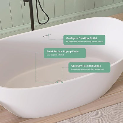 SJ STAR&JANE 55" Solid Surface Freestanding Bathtub Stone Resin Tub Oval Double Slippers Stand Alone Soaking Tub with Pop-up Drain and Overflow, Matte White