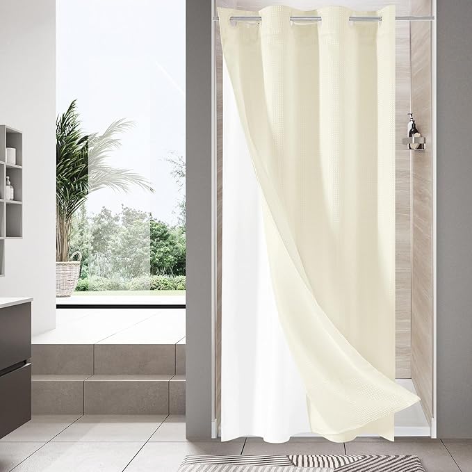 MitoVilla Ivory Waffle Small Stall Shower Curtain Liner Set 36 x 74, No Hooks Required Half Size Narrow Fabric Cloth Shower Curtain Set with Snap-in Liner for Modern Bathroom Decor, Ivory/Beige