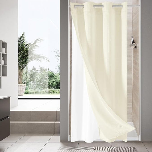 MitoVilla Ivory Waffle Small Stall Shower Curtain Liner Set 36 x 74, No Hooks Required Half Size Narrow Fabric Cloth Shower Curtain Set with Snap-in Liner for Modern Bathroom Decor, Ivory/Beige