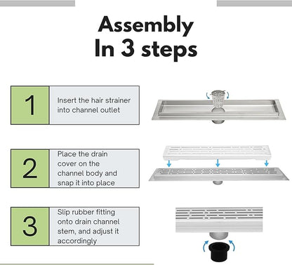SereneDrains 304 Stainless Steel Brushed Nickel Linear Shower Drain Kit Broken Lane Linear Shower Drains for Tile Floor Long Hair Catcher Strainer Grate Cover Bathroom (Brushed Nickel, 90 Inch)