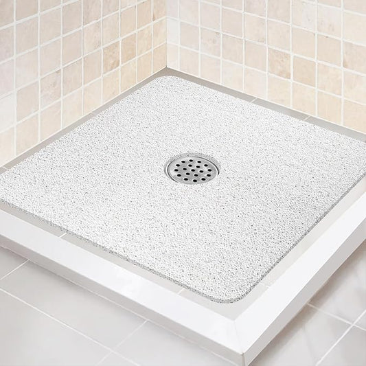 Shower Mat Non Slip,27 x 27 Inch Extra Large Bath Mat with Drain,Soft Square Loofah Shower Stall Mat Bathtub Mat for Bathroom,Without Suction Cups (White)