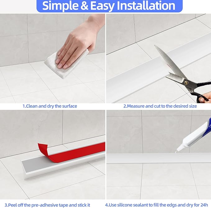 39 Inch Shower Threshold Water Dam Barrier,Silicone Shower Door Bottom Seal for Water Stopper,Flexible Edge Trim for Kitchen Sink Splash Guard,Self Adhesive Water Blocker for Bathtub,Transparent