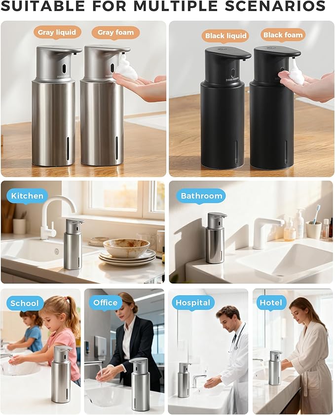 Automatic Foaming Soap Dispenser Touchless, 304 Stainless Steel Bottle Body &16.2oz/480ml Rechargeable, 3 Adjustable Liquid Levels, IPX7 Waterproof, for Kitchen Bathroom, Stainless Steel