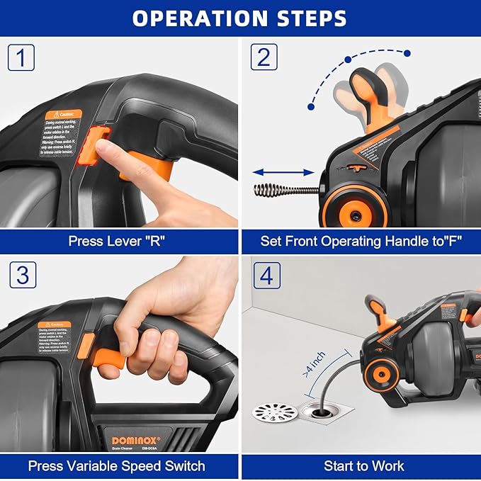 DOMINOX Electric Drain Snake with 2.0Ah Battery and 25FT Plumbing Snakes, Drain Snake Clog Remover for Unclogging Toilet, Sewer, Bathroom, Sink Drain Pipes