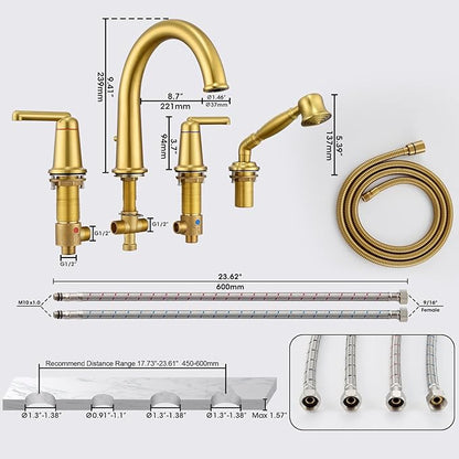 Roman Tub Faucet Set with Hand Shower, KRUZOO Bathtub Faucet Set Trim Kit with Rough-in Valve, Deck Mount Widespread 4 Hole Brass Tub Filler, KZ-9608BG, Brushed Gold