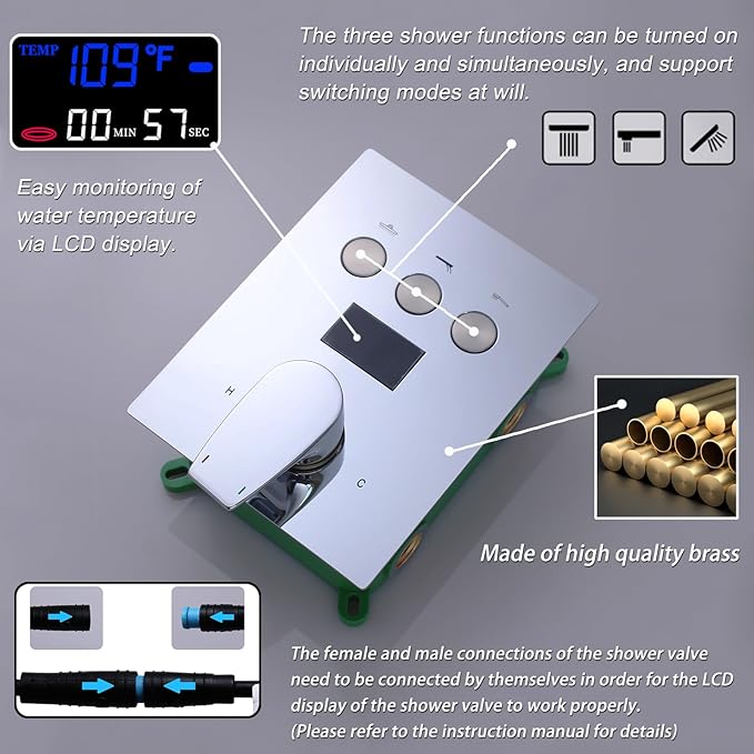 Polished Chrome Shower System Temperature Display Shower Set, Push Button Shower Faucet with 2 Rainfall Shower Head(12+8"), with Handheld Shower