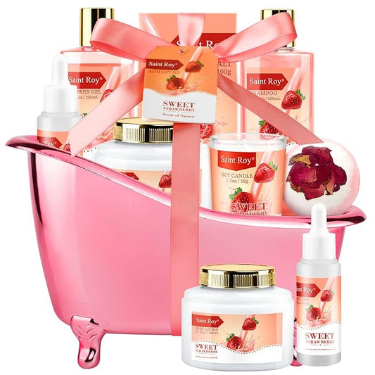 Spa Kit for Women, Bath & Body Gift Set, Luxury Home Spa Bath Gift Basket, Strawberry Scented Bath Set Christmas Gifts for Women, Pamper Gifts for Girls & Teens, Birthday Gift, Bath Self Care Gift