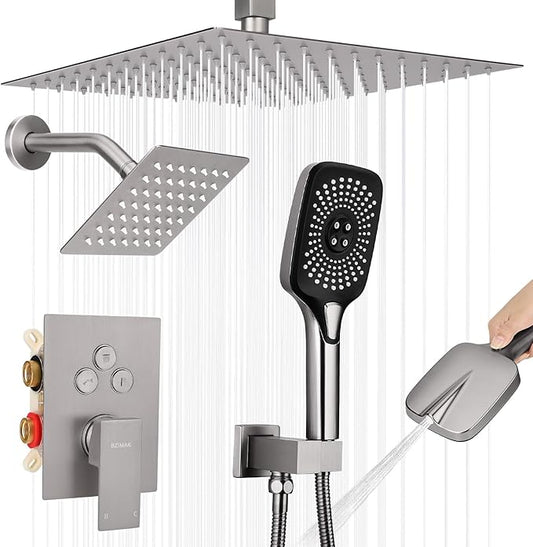 Shower Faucet Set Rainfall Shower System Push Button Diverter Shower Faucet with 4 in 1 Handheld, Ceiling Mount 12 Inch Shower Head and 6 Inch Wall Mount Shower Head