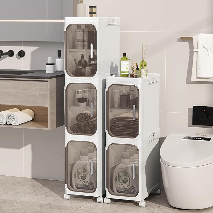 KHNR 5-Tiers Slim Bathroom Storage Cabinet, Foldable Storage Cabinets,Narrow Bathroom Storage,Movable Bathroom Storage Organizer for Small Spaces,Bathroom,Kitchen,Laundry,White