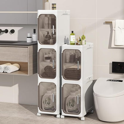 KHNR 5-Tiers Slim Bathroom Storage Cabinet, Foldable Storage Cabinets,Narrow Bathroom Storage,Movable Bathroom Storage Organizer for Small Spaces,Bathroom,Kitchen,Laundry,White