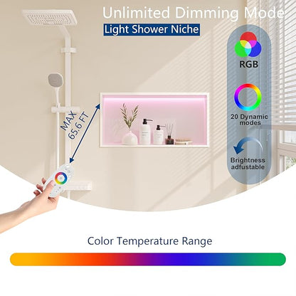 White Stainless Steel Shower Niche 24x12Inch, Dimmable RGB Led Light Wall Niche, No Tile Needed Recessed Niches for Bathroom Storage Built-in Installation