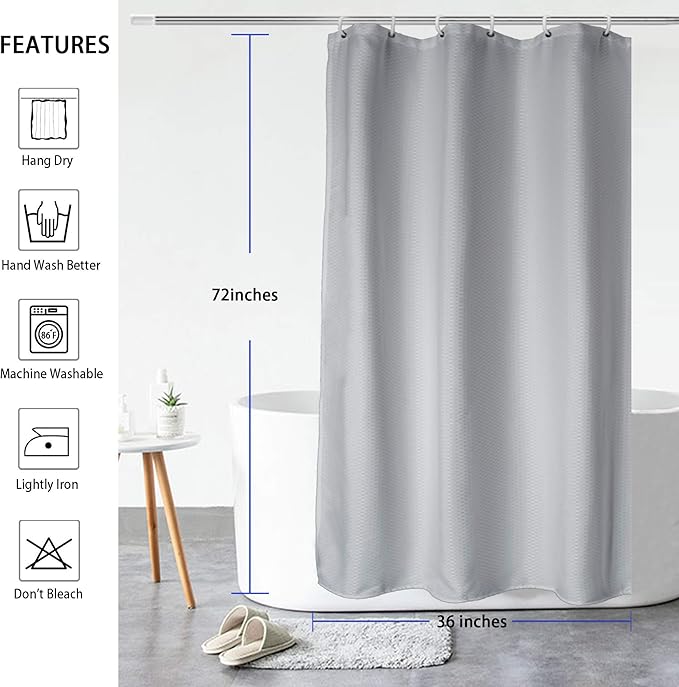 AooHome Stall Size Fabric Shower Curtain, 36 Width by 72 Height Inch Waffle Weave Pattern Bathroom Curtain with Hooks, Weighted Hem, Heavy Duty, Water Repellent, 36x72 Inch, Grey