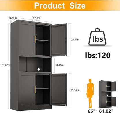 Black Metal Pantry Cabinet with 4 Doors, 2 Adjustable Shelves, 61" H Garage Storage Cabinet for for Home Office, Living Room, Dinning Room