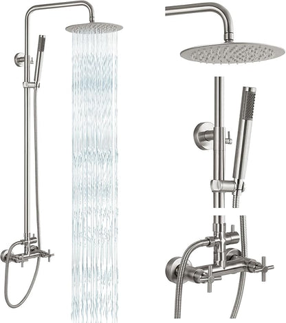 gotonovo Outdoor Shower Fixtures SUS304 Stainless Steel Rain Shower Kit Faucet High Pressure Wall Mount 2 Dual Function 8 Inch Showerhead and Handheld Spray Combo, Double Cross Handle, Brushed Nickel