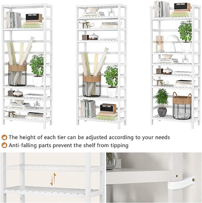 Homykic 6-Tier Bamboo Bookshelves and Bookcases, Adjustable 63.4”Tall Shallow Book Shelf Organizer Rack, Freestanding Storage Shelving Unit for Living Room, Kitchen, Bathroom, Office, White