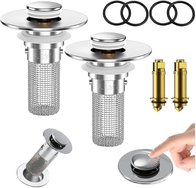 Bathroom Sink Stopper Strainer,2PCS Pop-Up Bathroom Sink Drain Strainer with Removable Stainless Steel Hair Catcher Basket,Sink Stopper Hair Catcher for US Bathroom Sinks,Bathtubs,Showers,Floor Drains