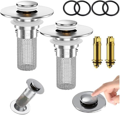 Bathroom Sink Stopper Strainer,2PCS Pop-Up Bathroom Sink Drain Strainer with Removable Stainless Steel Hair Catcher Basket,Sink Stopper Hair Catcher for US Bathroom Sinks,Bathtubs,Showers,Floor Drains