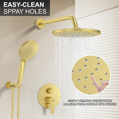 KOJOX Shower Set - Brushed Gold Finish, Powerful High Pressure Showerhead System with 3 Adjustable Settings and Handheld Capability, Valve Included