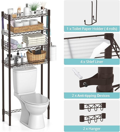 4-Tier Over Toilet Storage Shelf, Bathroom Organizer With Adjustable Freestanding Shelves, Space Saver Rack Above Toilet, Espresso