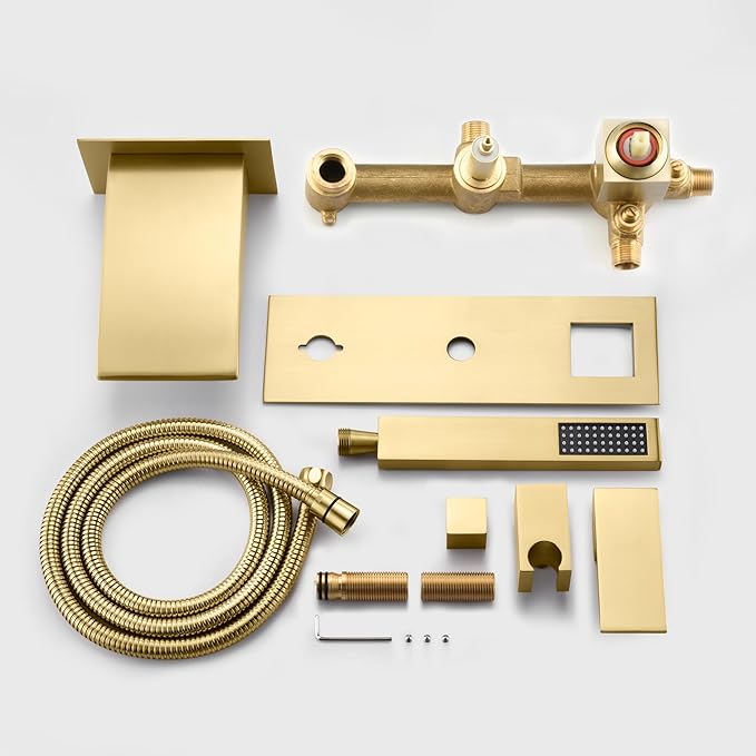 SUMERAIN Wall Mount Tub Faucet with Hand Shower, Waterfall Bathtub Faucet with Sprayer, Brushed Gold Finish, Rough-in Valve Included
