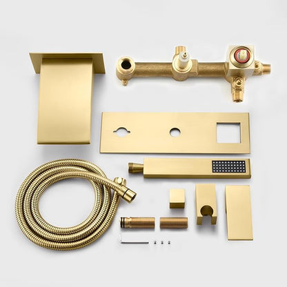 SUMERAIN Wall Mount Tub Faucet with Hand Shower, Waterfall Bathtub Faucet with Sprayer, Brushed Gold Finish, Rough-in Valve Included