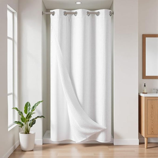 River Dream Stall Cotton Blend No Hooks Needed Shower Curtain with Snap in Liner, Water Repellent, Hotel Grade (White, 36"x74")