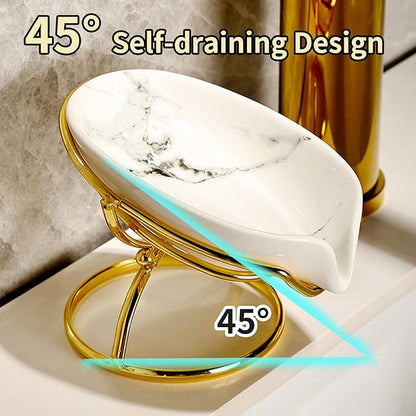 Leaf-Shaped Ceramic Soap Dish with Drain, Holder, Saver, Tray, Bar Soap Holder, Easy Cleaning, for Shower Bathroom Kitchen Sink Bathtub, Pro-Environment White